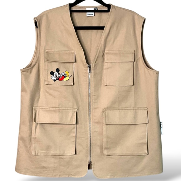 DISNEY x PRETTYLITTLETHING 100% Cotton Khaki Jacket / Vest Front Zip Cargo Sz 6 - Picture 1 of 9